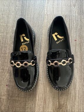 Report Black Patent Loafers with Gold Chain Trim